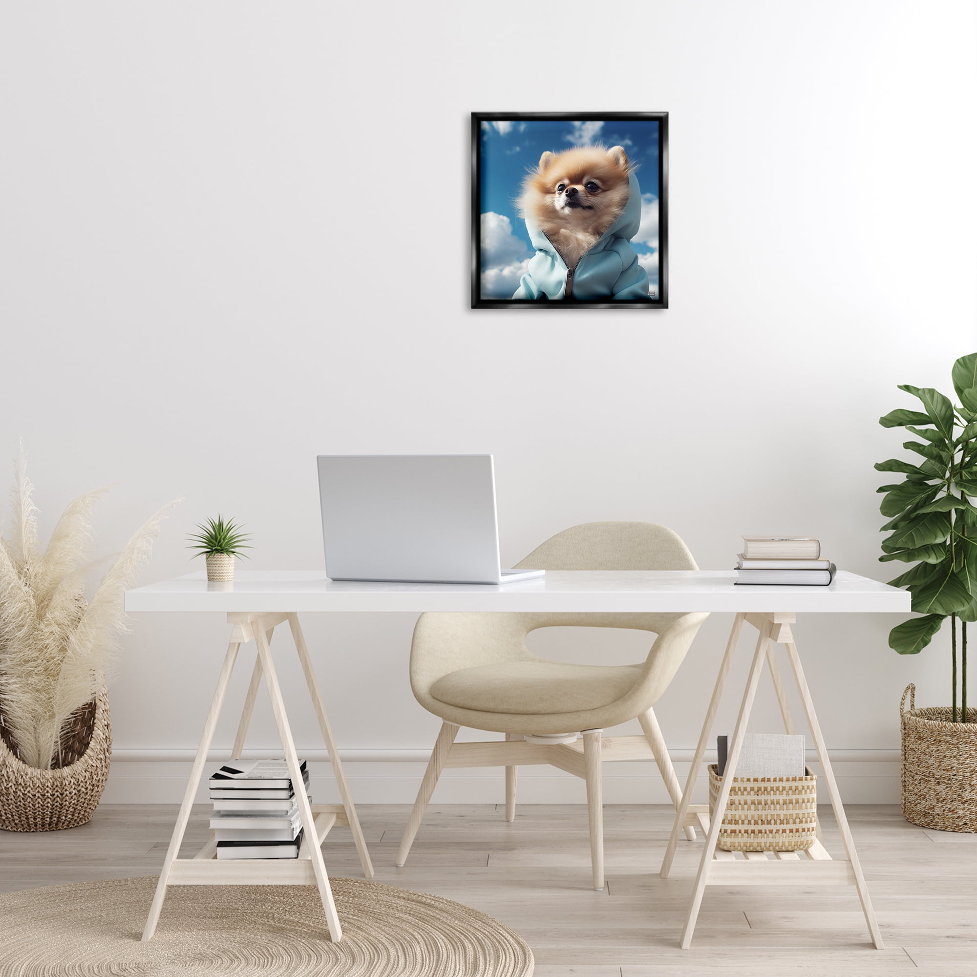 Stupell Industries Pomeranian Dog & Clouds Animals & Insects Painting Black Floater Framed Canvas Art Print Wall Art, 18 x 18