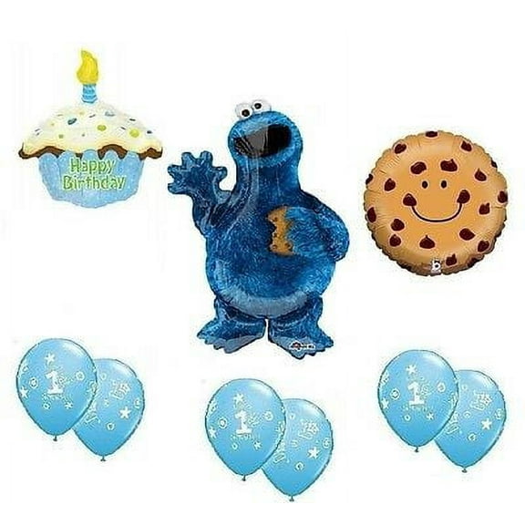 COOKIE MONSTER 1st First Birthday Boy Cupcake Party Mylar & Latex Balloons Set B