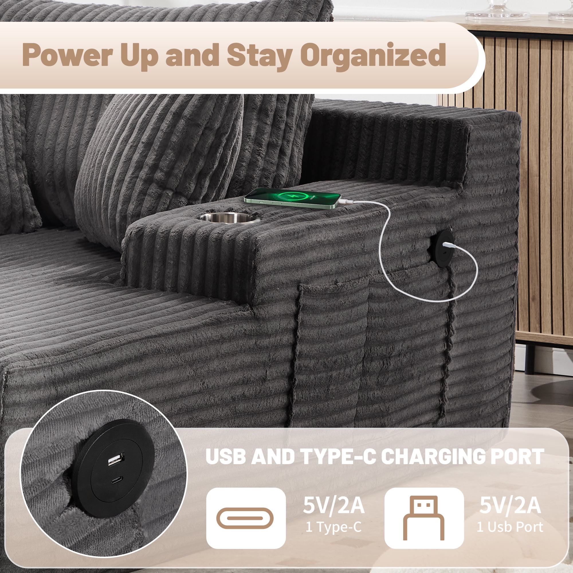 Chaise Lounge Chair Indoor, Oversized Corduroy Upholstered Boneless Sofa with USB & Type C, Deep Seat Sleeper Couch Reading Chairs with Pillows, Pre-assembled Corduroy Sofas Couches Living Room