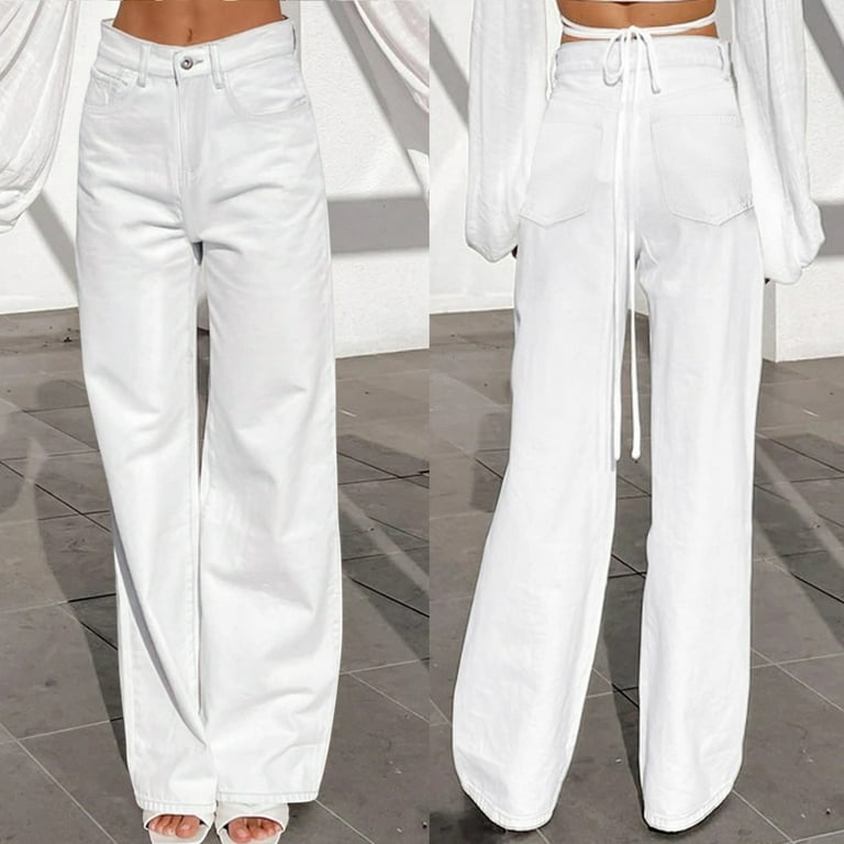 Womens Wide Leg Jeans White Casual Trousers High Waist Denim