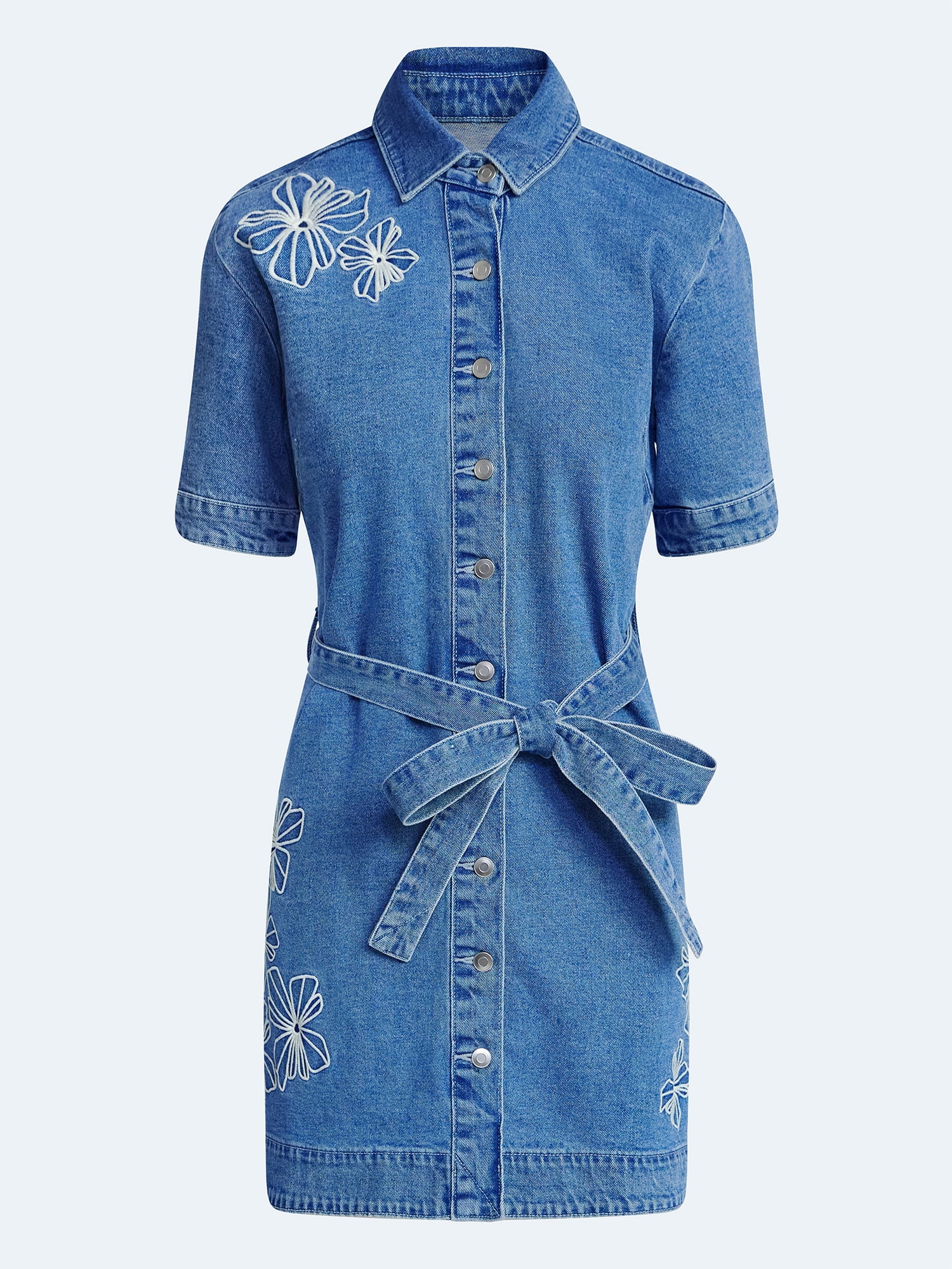 Free Assembly Women's and Women's Plus Embroidered Denim Mini Shirtdress with Belt, Sizes XS-4X