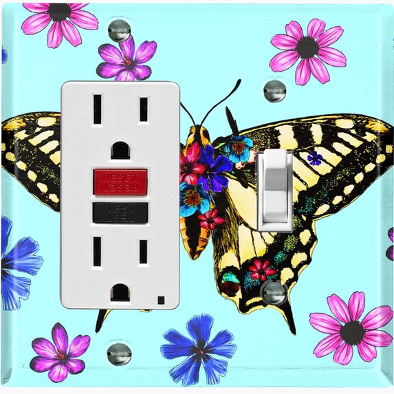 Metal Light Switch Plate Cover Unique Pink Purple Floral Butterfly Teal BUT005