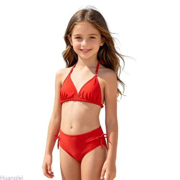 Huanglei Girls Swimwear Two Piece Bikini For Kids Summer Beach Outfit Girls Bikini Set ,Size 9-10 Years/Big Kids (Red)