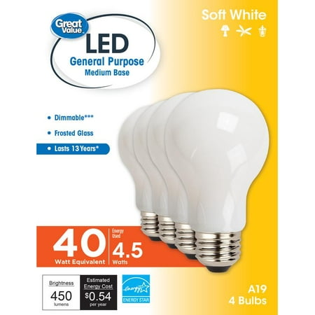 

Great Value LED Light Bulb 5.5W (40W Equivalent) A19 Frosted Glass E26 Base Dimmable Soft White 4-Pack