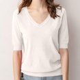 thumbnail image 4 of Fartey Womens Short Sleeve Sweaters Fashion Elegant V Neck Knitted Tops Dressy Casual Solid Color Work Blouses Loose Comfy T Shirt Sweater White M-3XL, 4 of 7