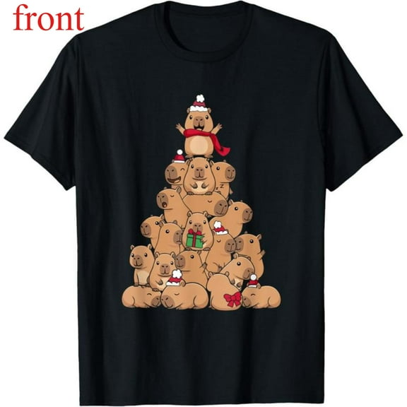 Women's Capybara Christmas Graphic Comfortable T Shirt Casual Short Sleeve Round Neck Top Black S-5XL