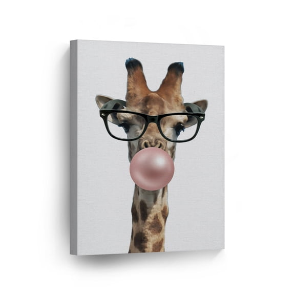 Smile Art Design Cute Giraffe with Glasses Animal Bubble Gum Art Light Brown CANVAS PRINT Wall Art Home Decoration Pop Art Living Room Kids Room Decor Made in the USA 40x30
