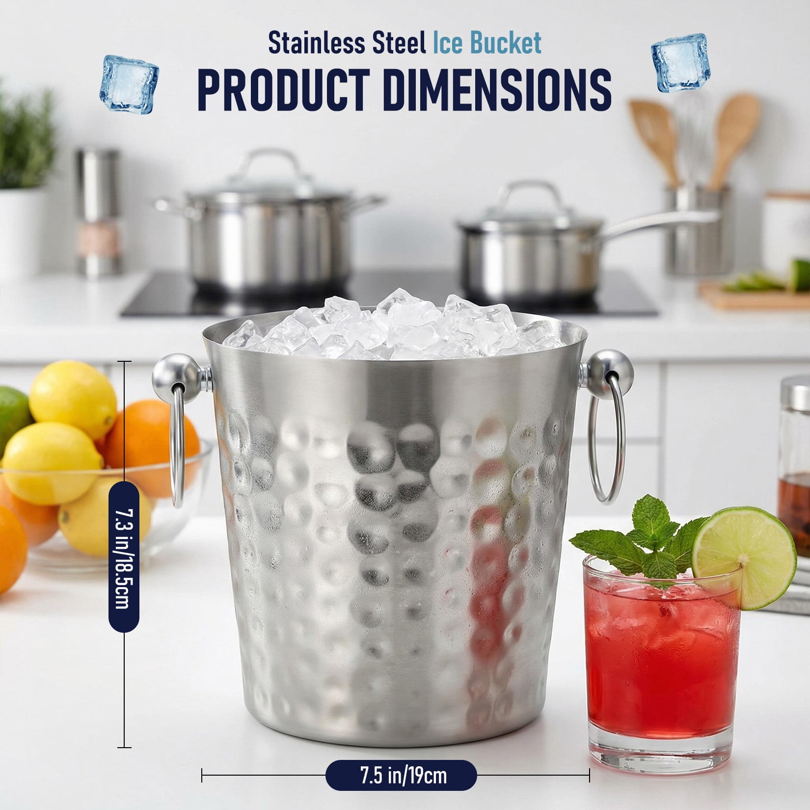 102oz Hammered Stainless Steel Ice Bucket with Scoop, Double Handle Metal Wine & Champagne Chiller, Non-Slip Beverage Cooler for Bar, Party & Home (7.5" x 7.5" x 7.3")
