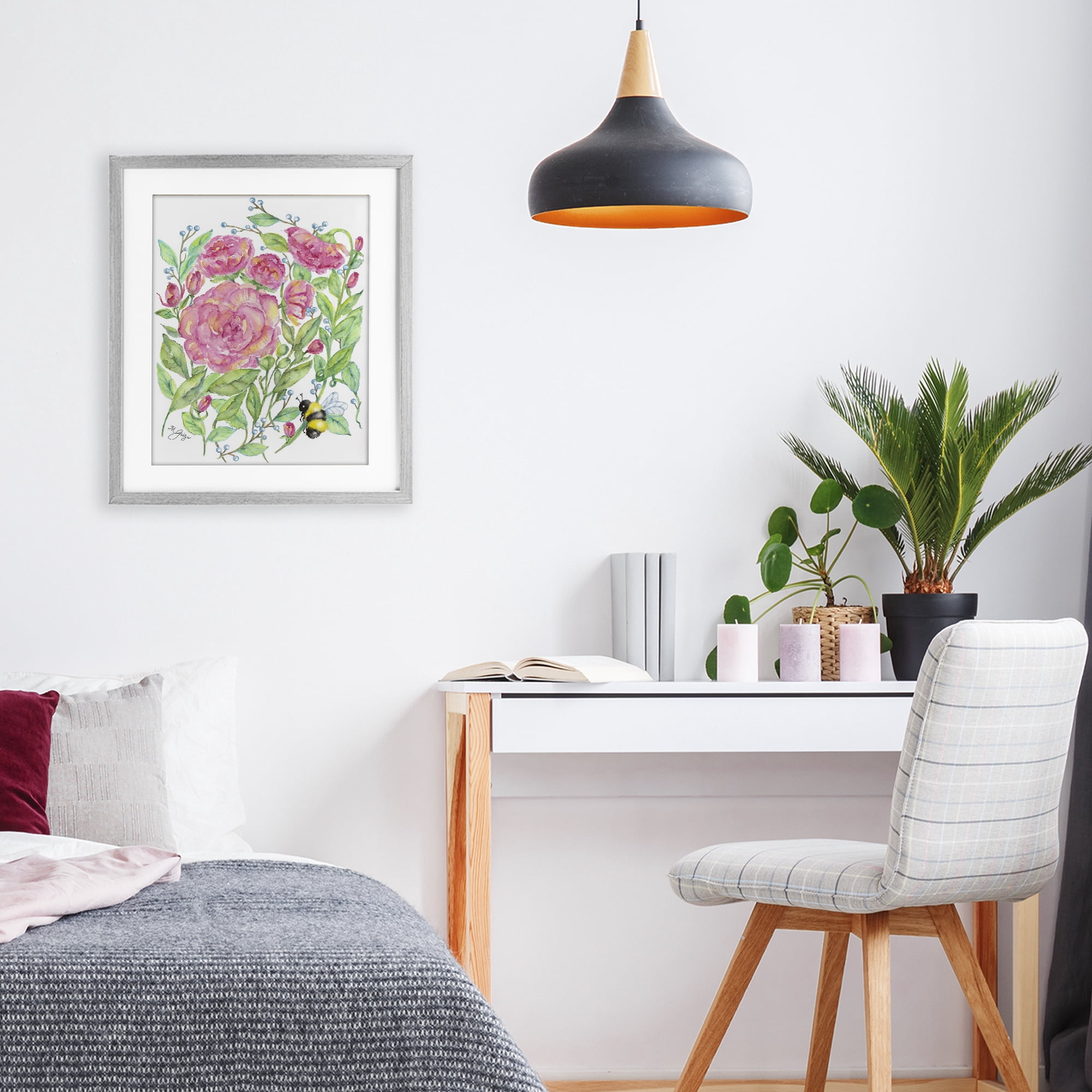 Stupell Industries Peony & Bumble Bee Gray Framed Print Under Glass, design by Maureen Grigs
