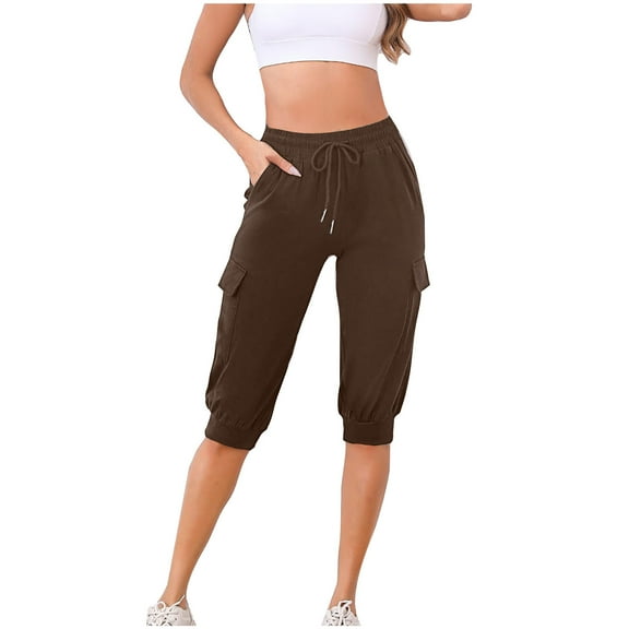 UAMVSH Cargo Shorts for Women Elastic Waist Joggers Long Shorts Drawstring Knee Length Casual Capri Pants with Pockets