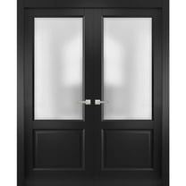 Solid French Double Doors | Lucia 22 Matte Black with Frosted Glass | Wood Solid Panel Frame Trims | Closet Bedroom Sturdy Doors