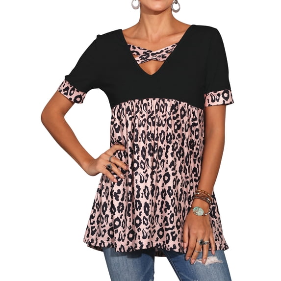 Uhndy Women Leopard Print Pleated Short Sleeve Criss Cross Top