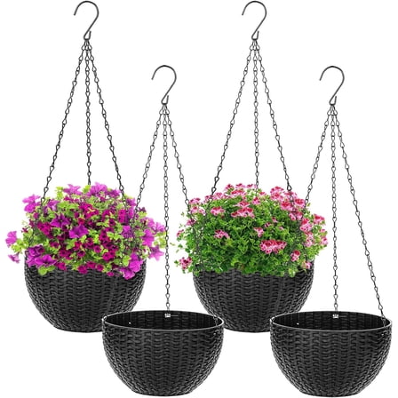 4 Pack Black Hanging Planters, 8.2 inch Hanging Flower Basket Planter Pots, Garden Plant Pot Container, Balcony Patio Hanging Basket Planters with Drainage Hole for Indoor and Outdoor Use