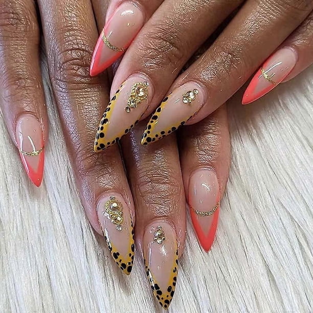 Uñas postizas cortas con punta francesa, diseño de leopardo y diamantes de imitación amarillos, 24 unidades.