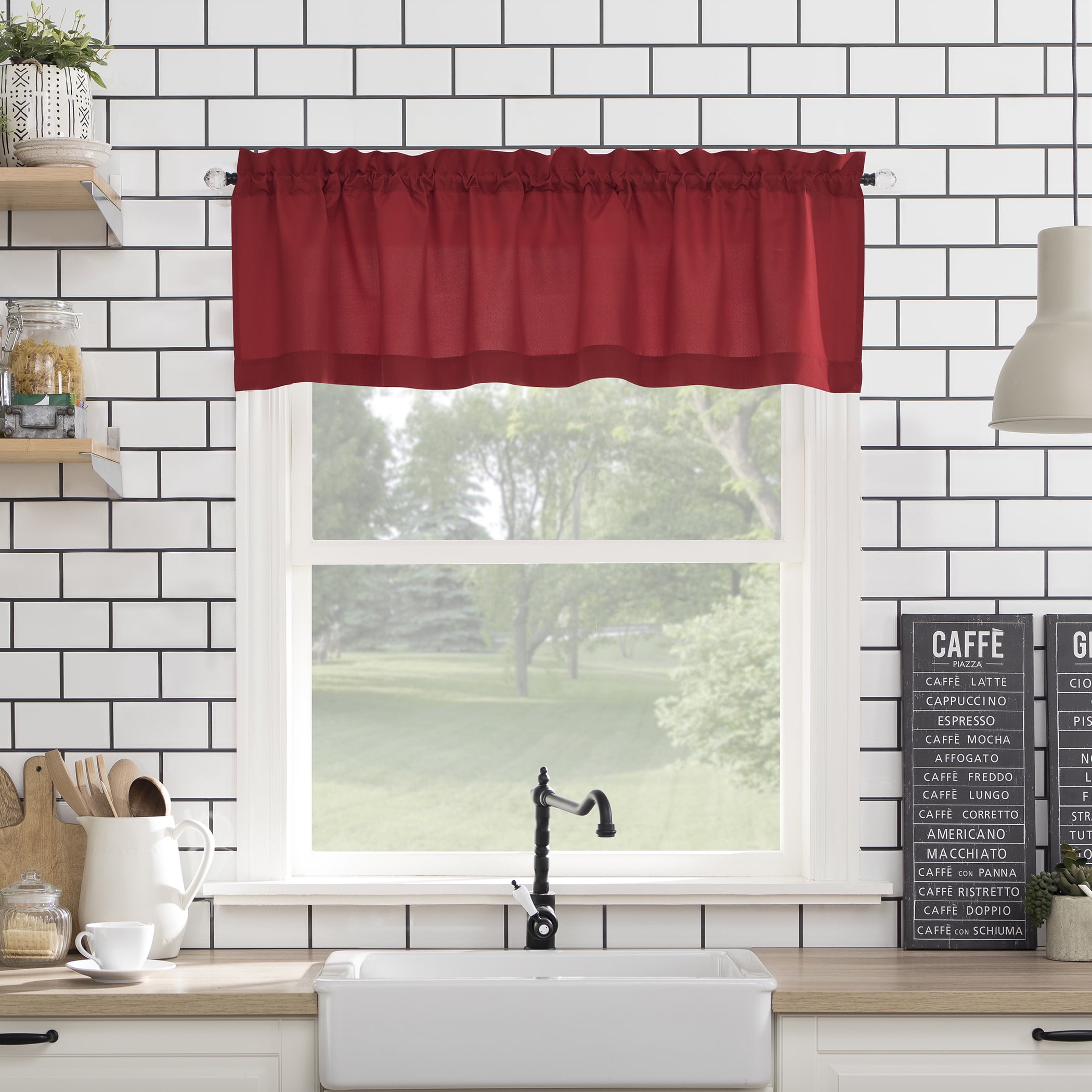 Mainstays 3-Piece Semi Sheer Rod Pocket Kitchen Window Tier Pair and Valance, 2 Café Curtains and 1 Curtain Valance, Red, 54"W x 36"L