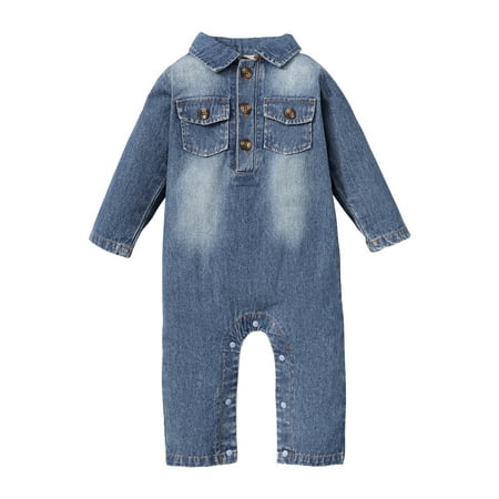 

Kucnuzki Baby Boy Winter Clothes 6 Months Baby Boys Casual Bodysuits 9 Months Baby Boys Long Sleeve Solid Color Casual Lapel Denim Bodysuits Blue