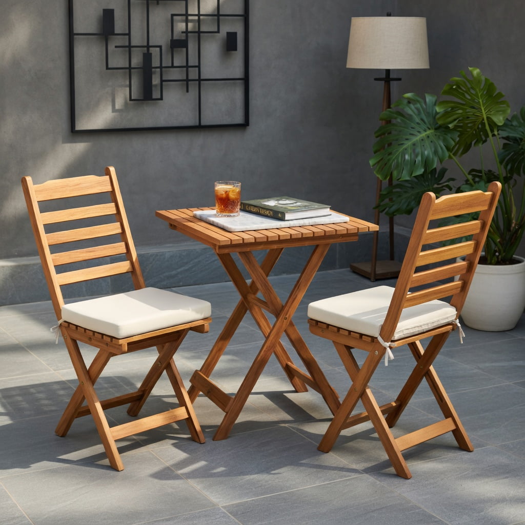Hommoo Acacia Wood Folding Chair and Table Set with Cushions, 2 Chairs + 1 Table, Outdoor Patio Furniture for Backyard, Balcony & Poolside, White