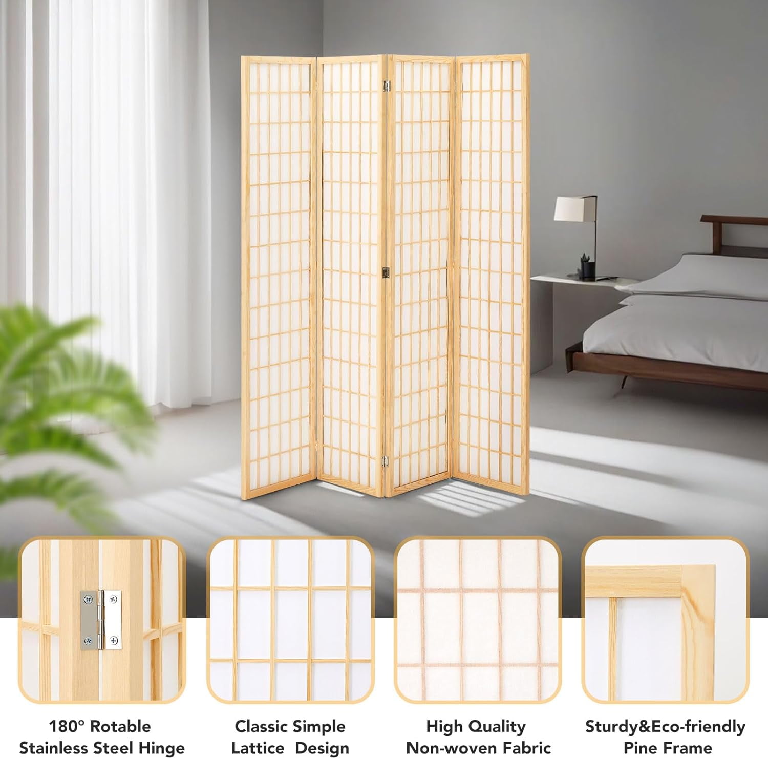 JOSTYLE Room Divider Wall 4 Panel, Folding Privacy Screen for Room Separation, Shoji Screen Japanese Style Room Divider Screen, 5.9 Ft, Natural