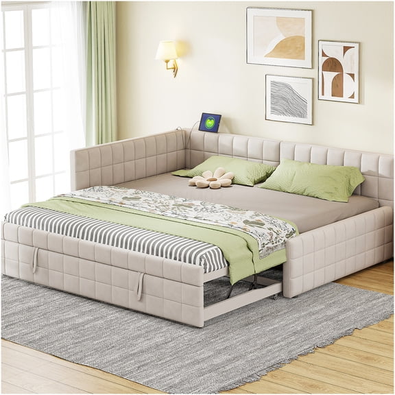 Modern Upholstered L-Shaped Sofa Bed with Trundle and USB Charging Ports, Full Size Daybed for Living Room, Guest Room, Beige