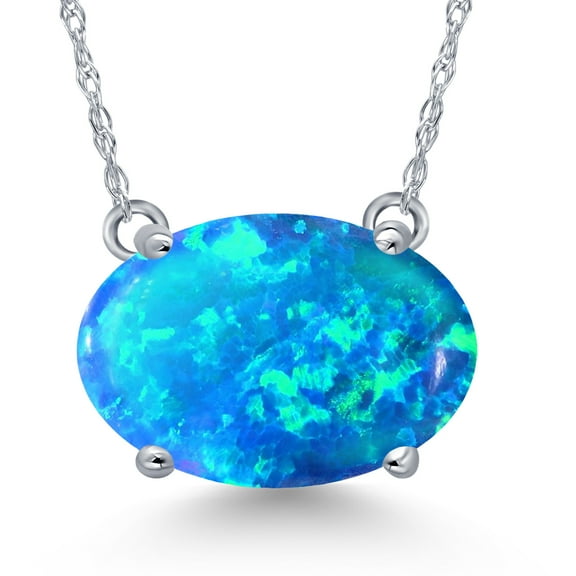 Gem Stone King 1.17 Ct Oval Cabochon Blue Simulated Opal 14K White Gold Pendant with Chain
