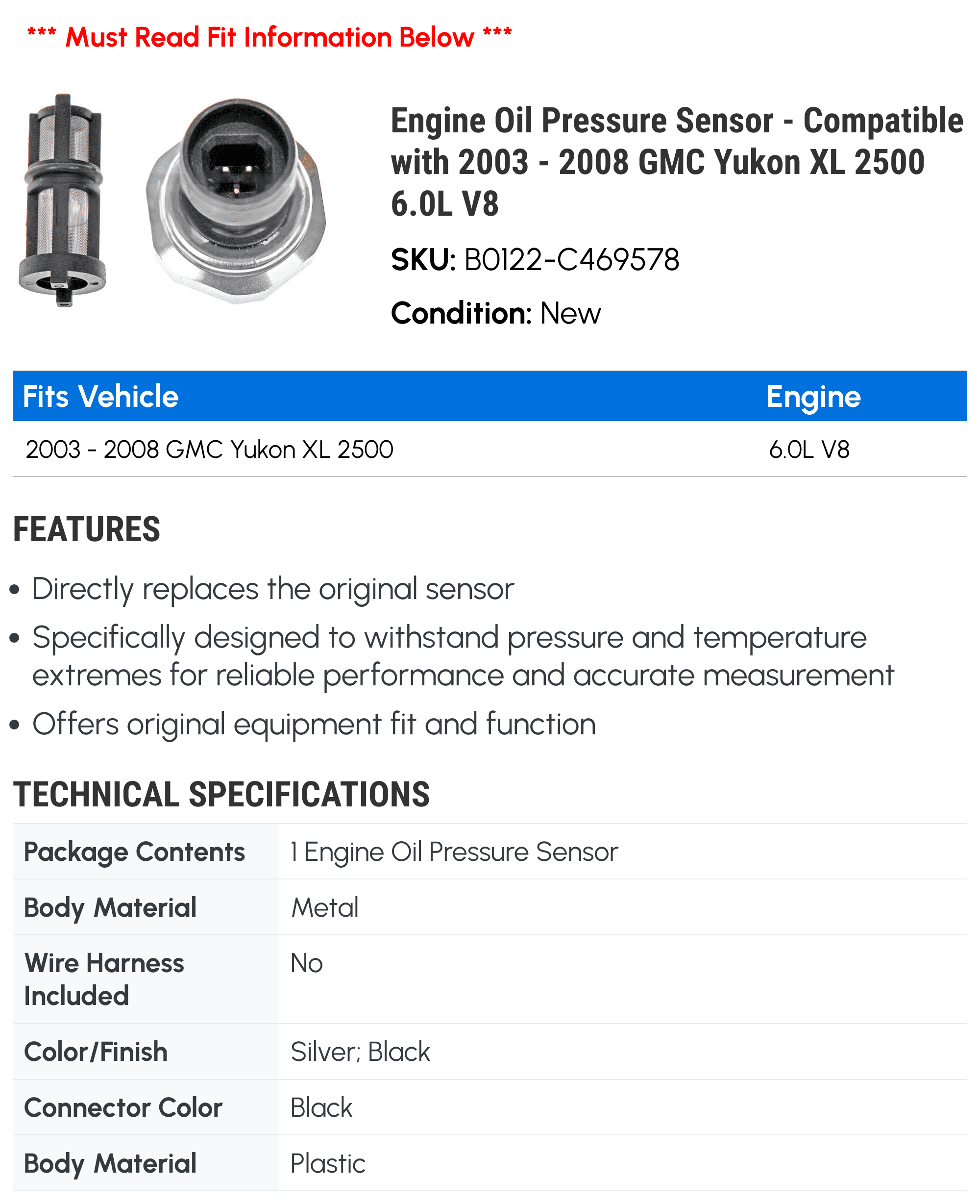Engine Oil Pressure Sensor - Compatible with 2003 - 2008 GMC Yukon XL 2500 6.0L V8 - Dorman