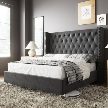 Merluxy King Bed Frame with Button Tufting Headbord,Velvet Upholstered,No Box Spring Needed,Grey