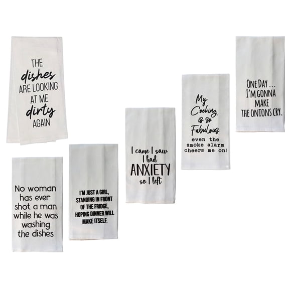 Decorative Funny Kitchen Towels - Set of 6 100% Cotton Witty Flour Sack Tea Towels Dish Towels for Wedding, Baby Shower, Home Decor, Housewarming, Other Occasions Size 15 X 25 Inch.