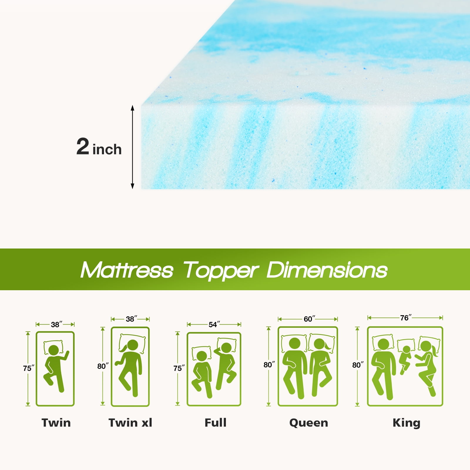 CONCETTA 2 inch Foam Mattress Topper, CertiPUR-US Certified, Queen