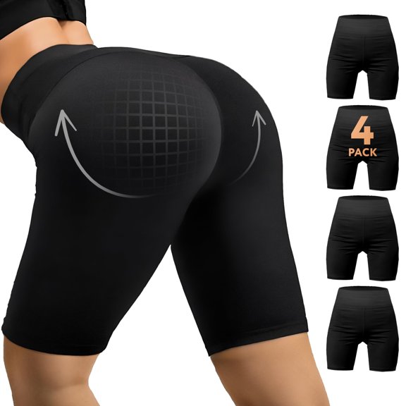High Waisted Seamless Tummy Control Shapewear Shorts, Pack of 4, Black