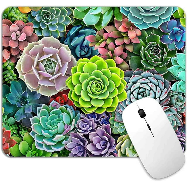 Mouse Pad Succulent Floral, Garden Green Plant Flower Premium-Textured Square Mouse Mat Design, Washable Mousepad Lycra Cloth, Non-Slip Rubber Base Computer Mouse Pads for Women