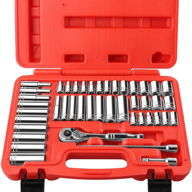 PGROUP 44-Piece 1/4 Inch Drive SAE & Metric Socket Set, Ratchet Socket Set with 90 Tooth Reversible Ratchet Wrench and Extension Bars, Chro
