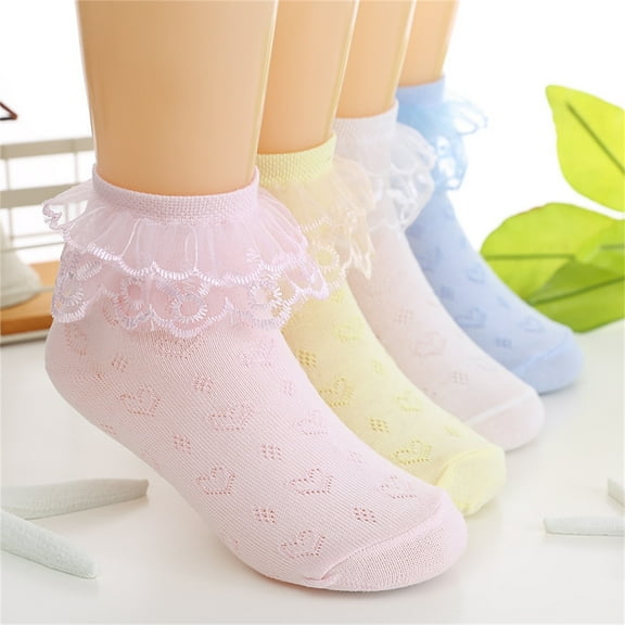 THDHVS Toddler Socks,Girls Breathable Socks with Mesh Panels and Solid Color Lace Border for Dance Low Cut Style Is Great for School Uniforms and Daily Student Wear Yellow