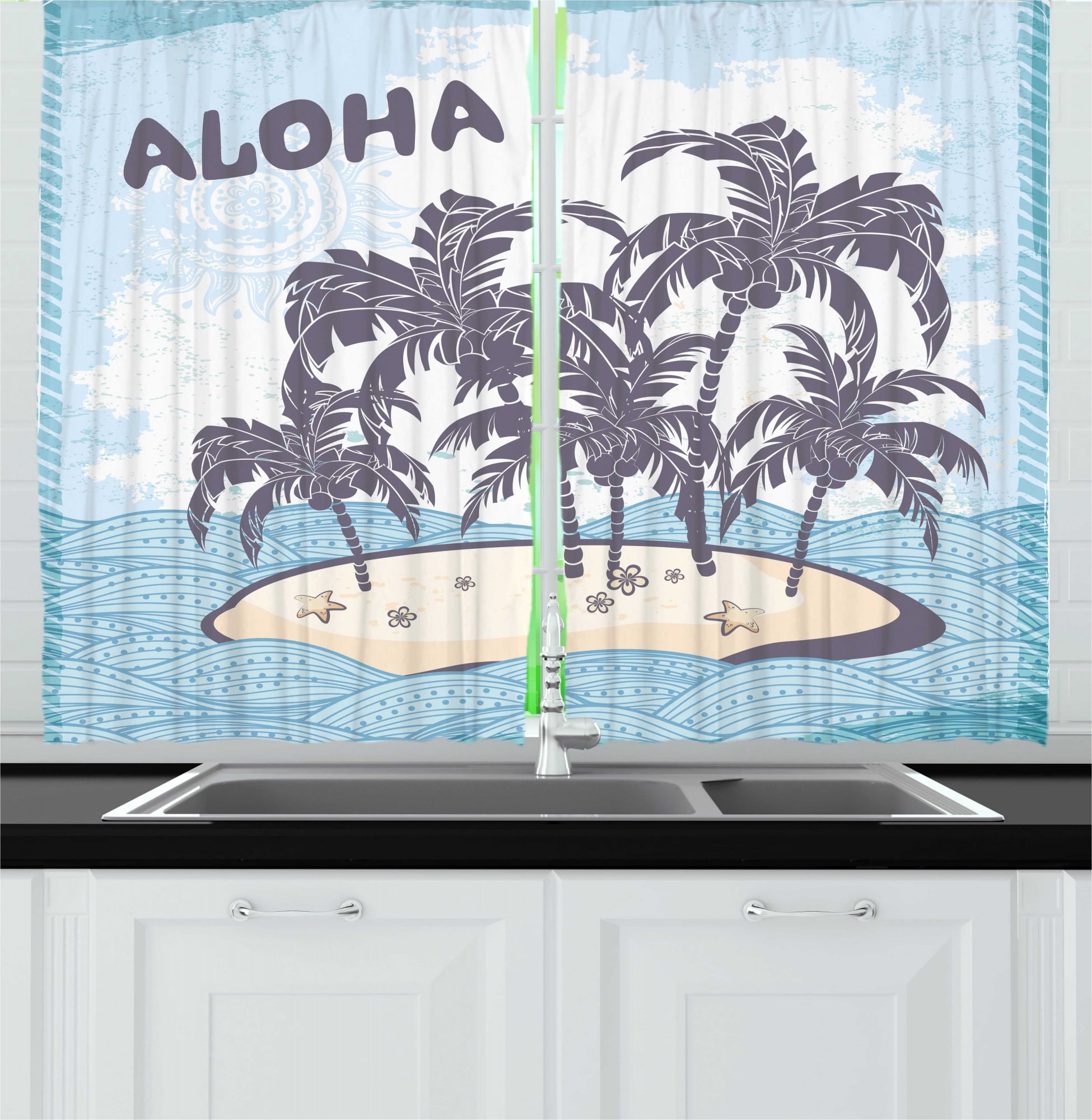 Vintage Beach Kitchen Curtains, Illustration Aloha Themed Hawaiian