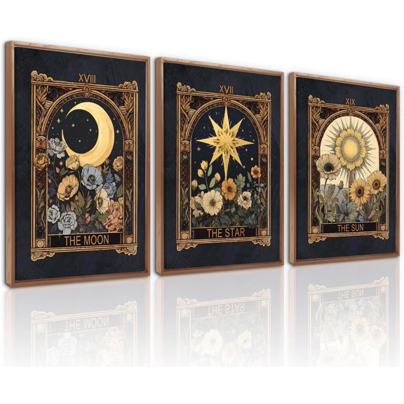 Singg Tarot Card Canvas Wall Art Set Of 3, Mystical Gothic Witchy Wall Decor,Dark Aesthetic Floral Wall Painting, Moon Star Sun Celestial Art Prints For Living Room Bedroom Decor
