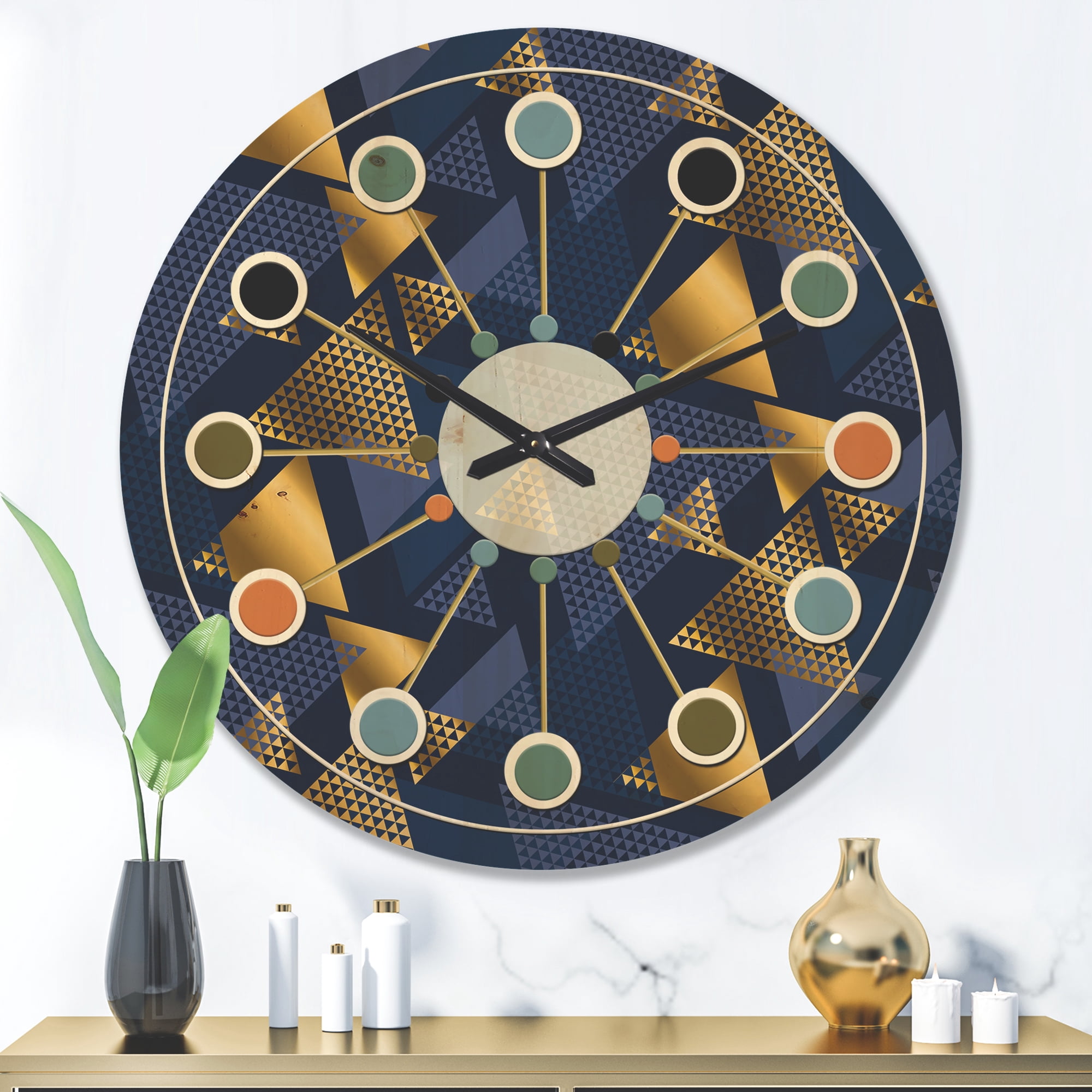 Designart 'Retro Luxury Waves In Blue and Gold IX' Mid-Century Modern Wood Wall Clock