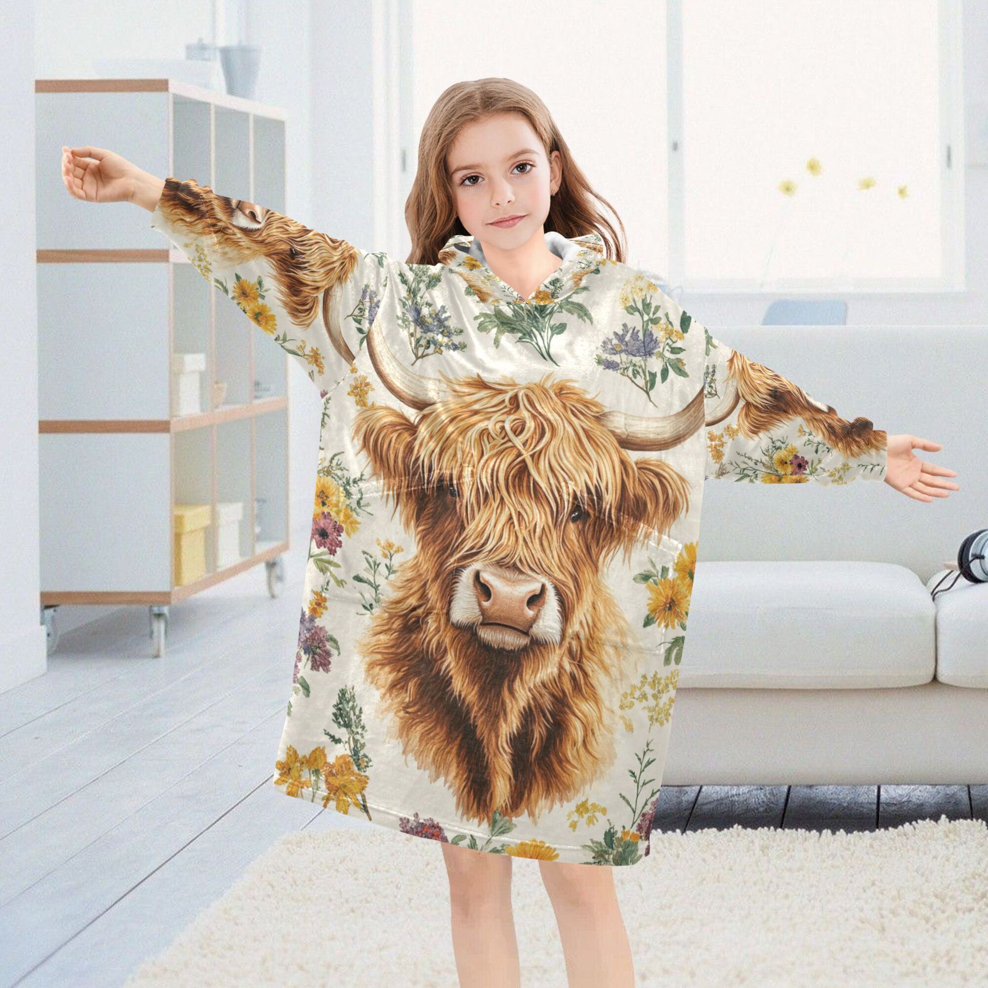 FORMRS Wearable Blanket Hoodie with Sleeves for Kids Cozy Flannel Sweatshirt, Floral Cow