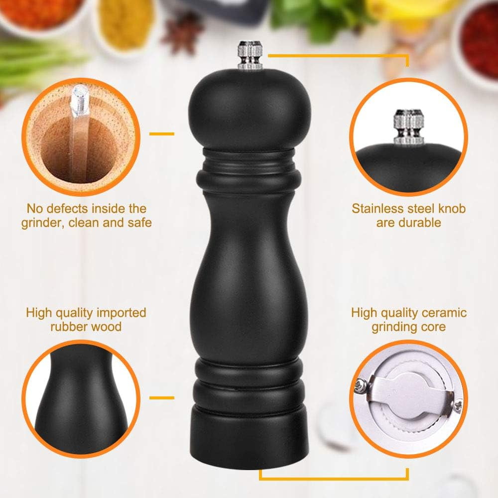 Premium Salt and Pepper Grinder Set of 2, Wood Salt and Pepper Shakers with Ceramic Core, Refillable Manual Sea Salt Pepper Mill Adjustable Coarseness for Spice/Chili/Sesame, 8 Inch (Black+White)