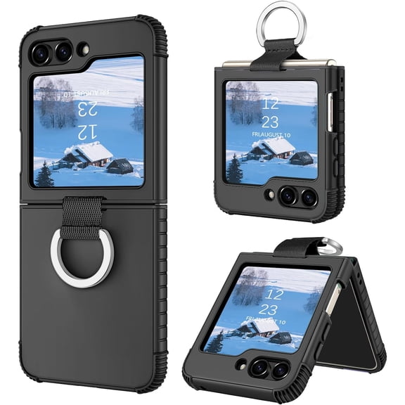 for Samsung Galaxy Z Flip 5 5G Case, Galaxy Z Flip 5 Case, Heavy Duty 2 in 1 Full Body Rugged Shockproof Protective Case Women Girls with Ring for Samsung Galaxy Z Flip5 5G 2023-Black.