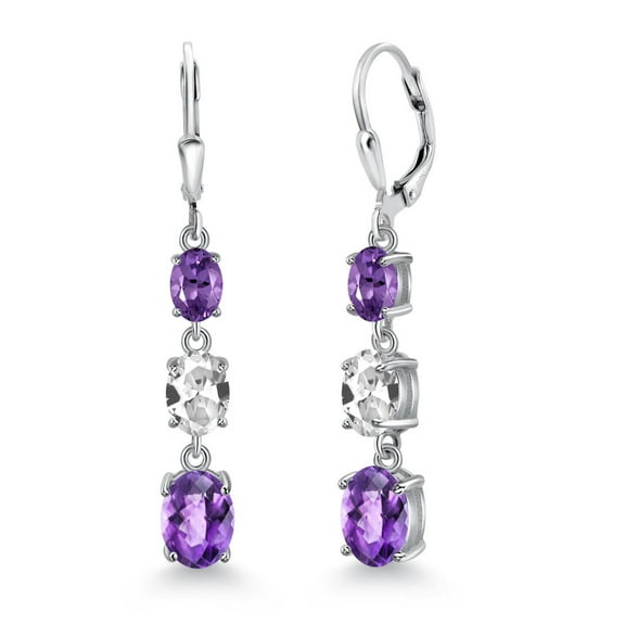 Gem Stone King 925 Sterling Silver Purple Amethyst 3 Stone Dangle Earrings for Women (5.30 Cttw, Gemstone February Birthstone, Oval Checkerboard 8X6MM, 7X5MM and 6X4MM)
