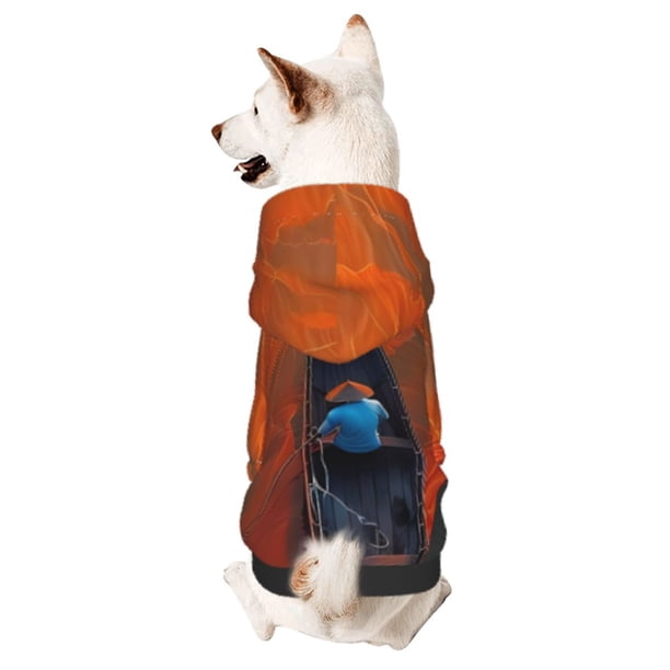 Fotbe Orange Net Fishing Boat Sudadera con Estampado para Perros Pequeños – Suéter con Capucha para Mascotas, Tela Suave de Forro Polar con Bolsillo-X-Large