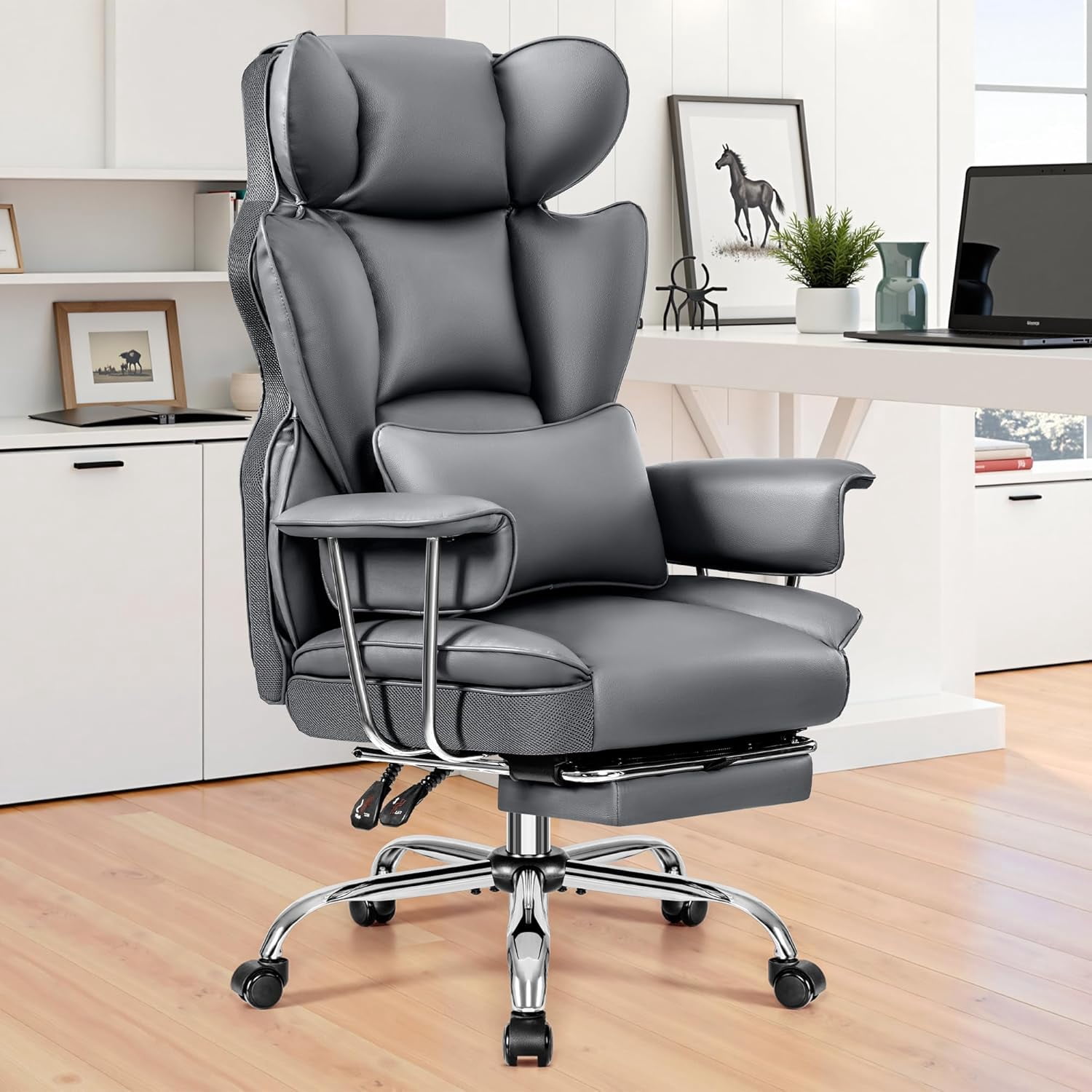 Woodty Executive Chair, PU Leather, High Back, Home Office, Gray (Set of 1)