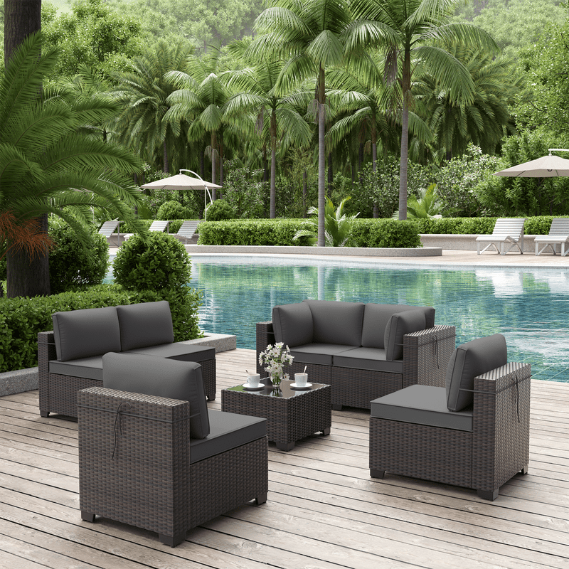 ALAULM 7-Piece RattanOutdoor Conversation Sets with Coffee Table and Cushions, Gray