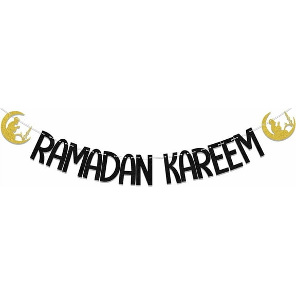Ramadan Kareem Banner, Eid Decorations, Happy Ramadan Banner, Eid Festival Party Decor, Muslim Ramadan Mubarak Party Decor Supplies Black Gold, BL-0170