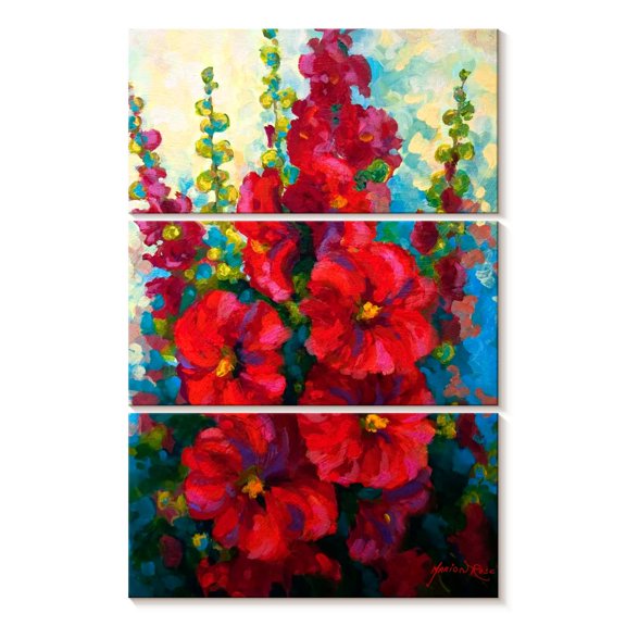 Elephant Stock Red Hollyhocks Wall Art - Vertical Multi Panel Canvas - Living Room Wall Decor - Floral And Botanical Multi Panel - Red And Blue Decor By Marion Rose - 42" x 65"