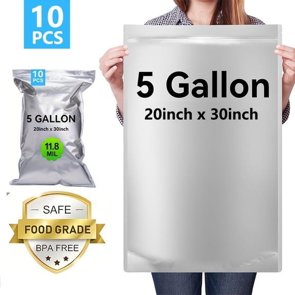 10PCS 5 Gallon Mylar Bags 10 Mil Thick, Resealable Airtight Leakproof Heavy-Duty Food Storage Bags for Pantry Organization, Meal Preppers & Bulk Storage