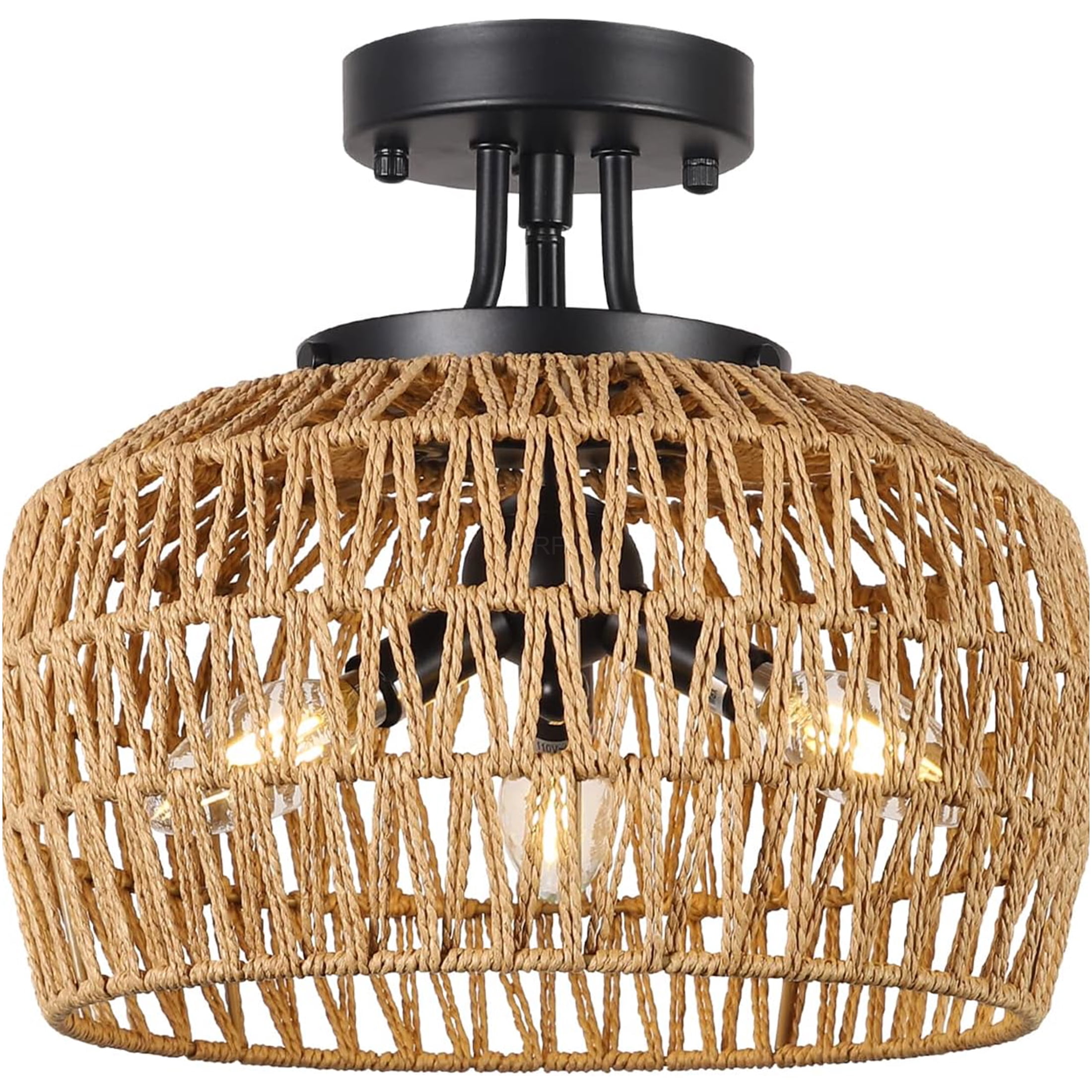 JERFIT 3-Light Semi Flush Mount Ceiling Light Fixture, Handwoven Wicker Rattan Shade, Boho Chandelier for Bedroom, Kitchen, Hallway, Living Room