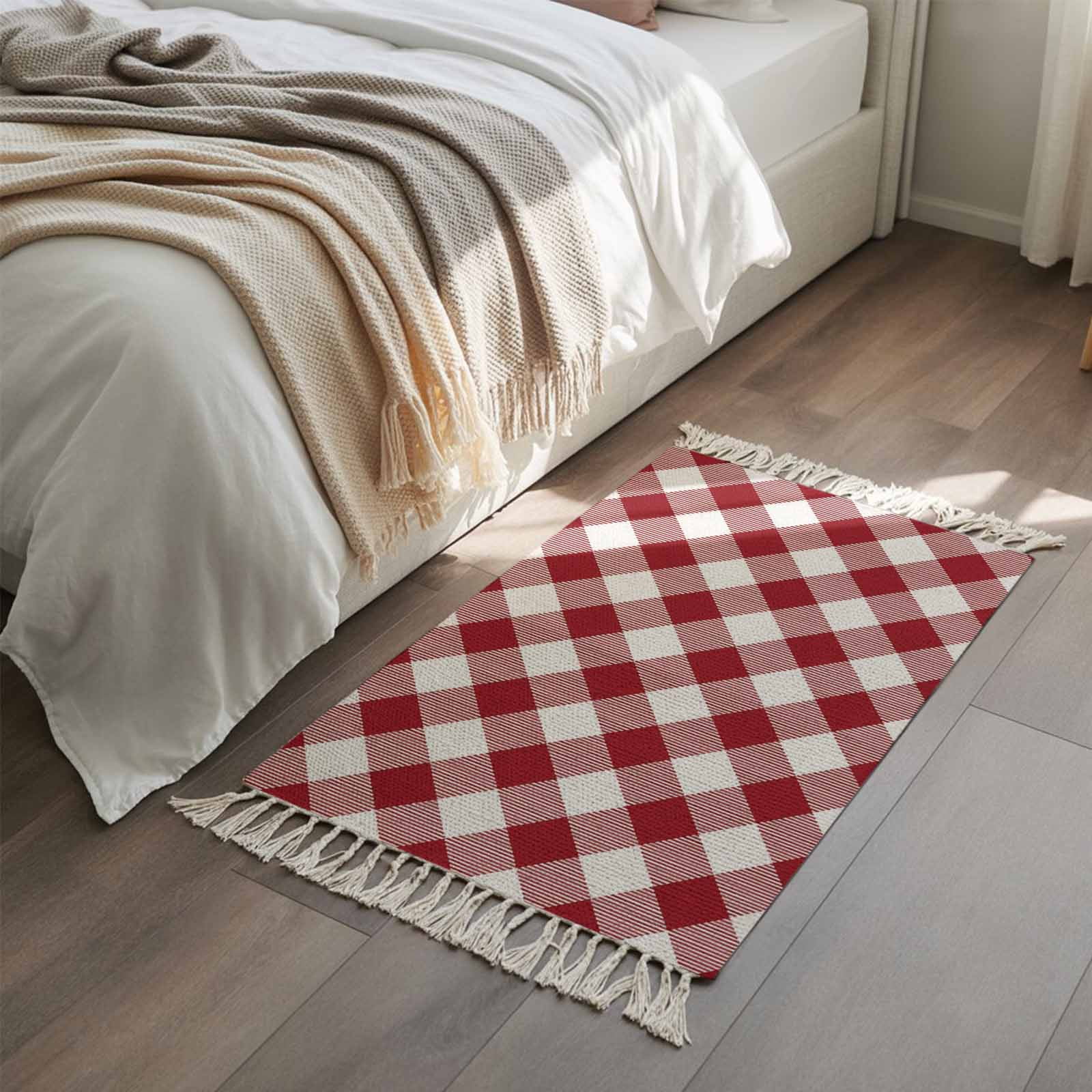 Kitchen Runner Rugs, Red and White Plaid 2'x3' Throw Rug with Tassels, Buffalo Check Tartan Washable Soft Floor Carpet Runner for Hallway Bedroom Bathroom Laundry Room
