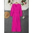 thumbnail image 2 of Womens Elegant Hot Pink V-Neck Long Sleeve Shirred Waist Wide Leg Jumpsuit, 2 of 4