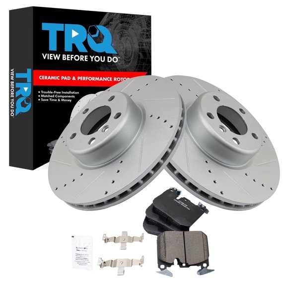 TRQ Front Brake Pad and Rotor Kit Ceramic Slotted Drilled G-Coated Fits 2016 BMW 228i