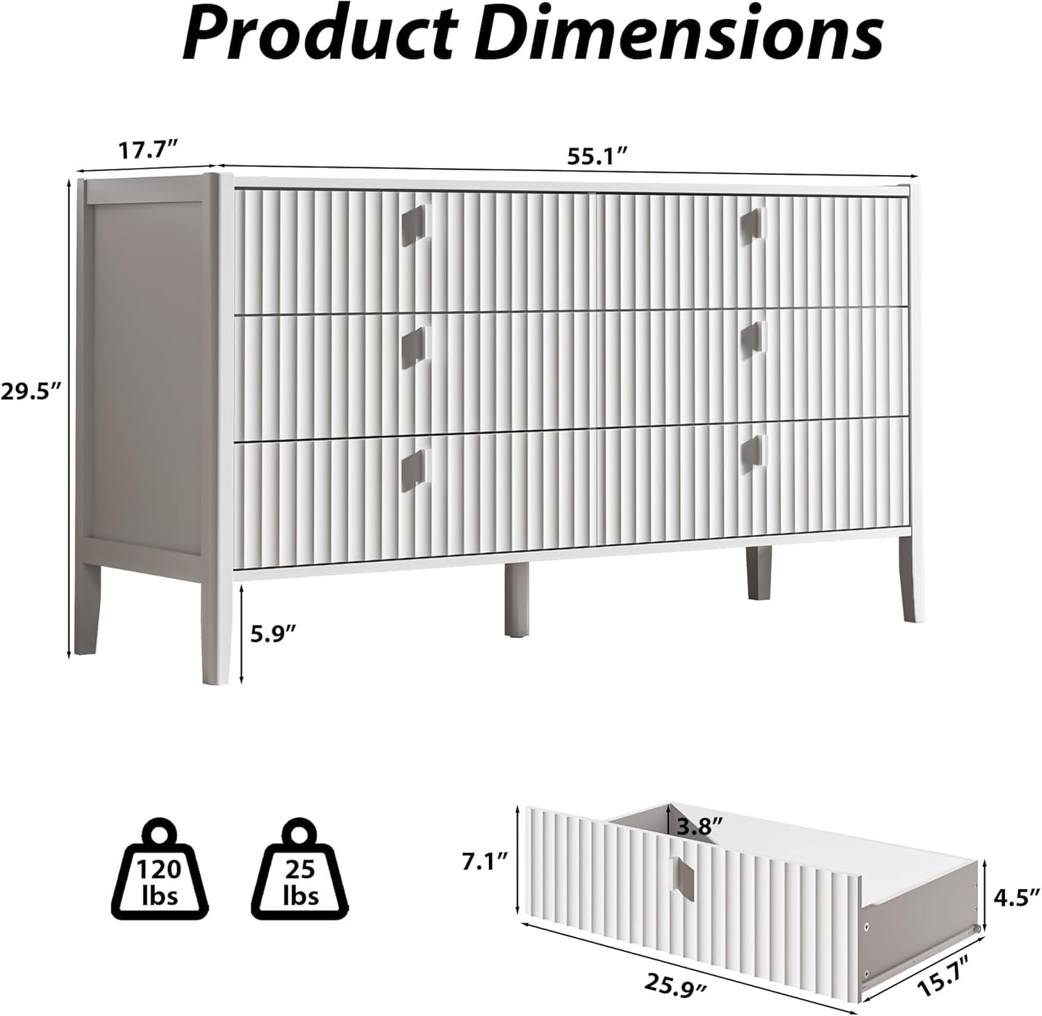 FURNIWAY White 6 Drawer Dresser for Bedroom, Modern Wood Dresser, Fluted Design Double Chest of Drawers with Wood Legs, TV Stand Storage Cabinet for Bedroom, Living Rooms, Offices, and Entryways